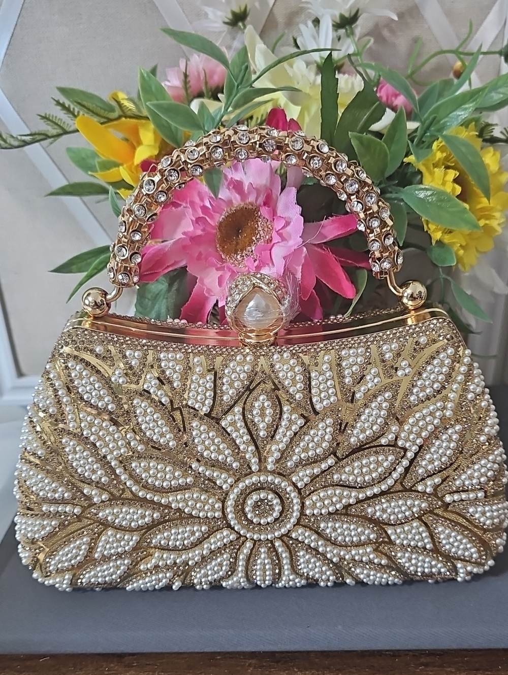 Gold Pearl-Embellished Floral Evening Clutch by